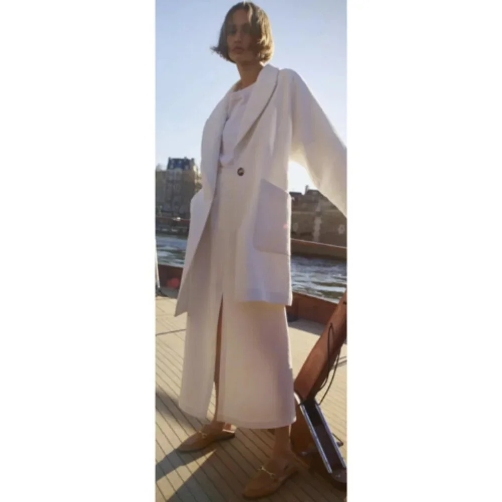Zara Womens Large Gold Buckle Midi Slit Front White Skirt